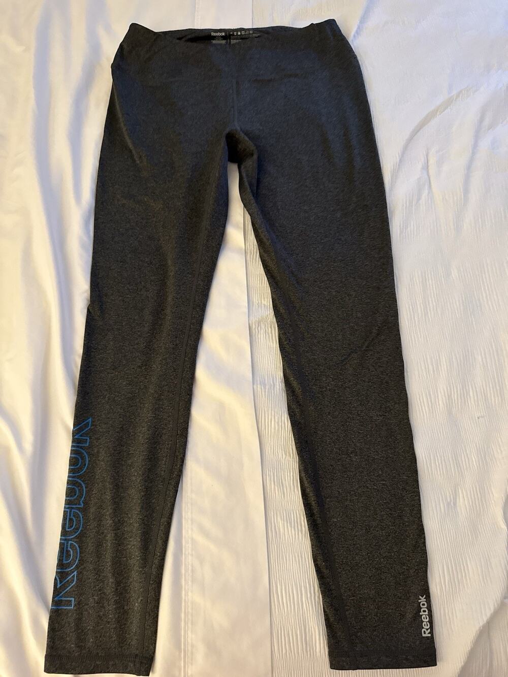 Reebok Yoga Pants Gray Blue Logo Women's Medium Activewear Athletic Sport Ankle